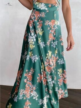 Green Floral Midi Skirt with Orange & White Accents